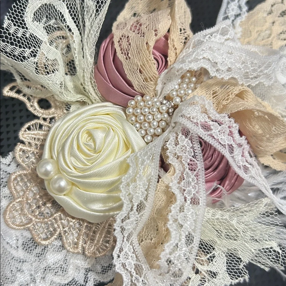 Baby infant Girls headband fancy vintage style lace pearls silk roses